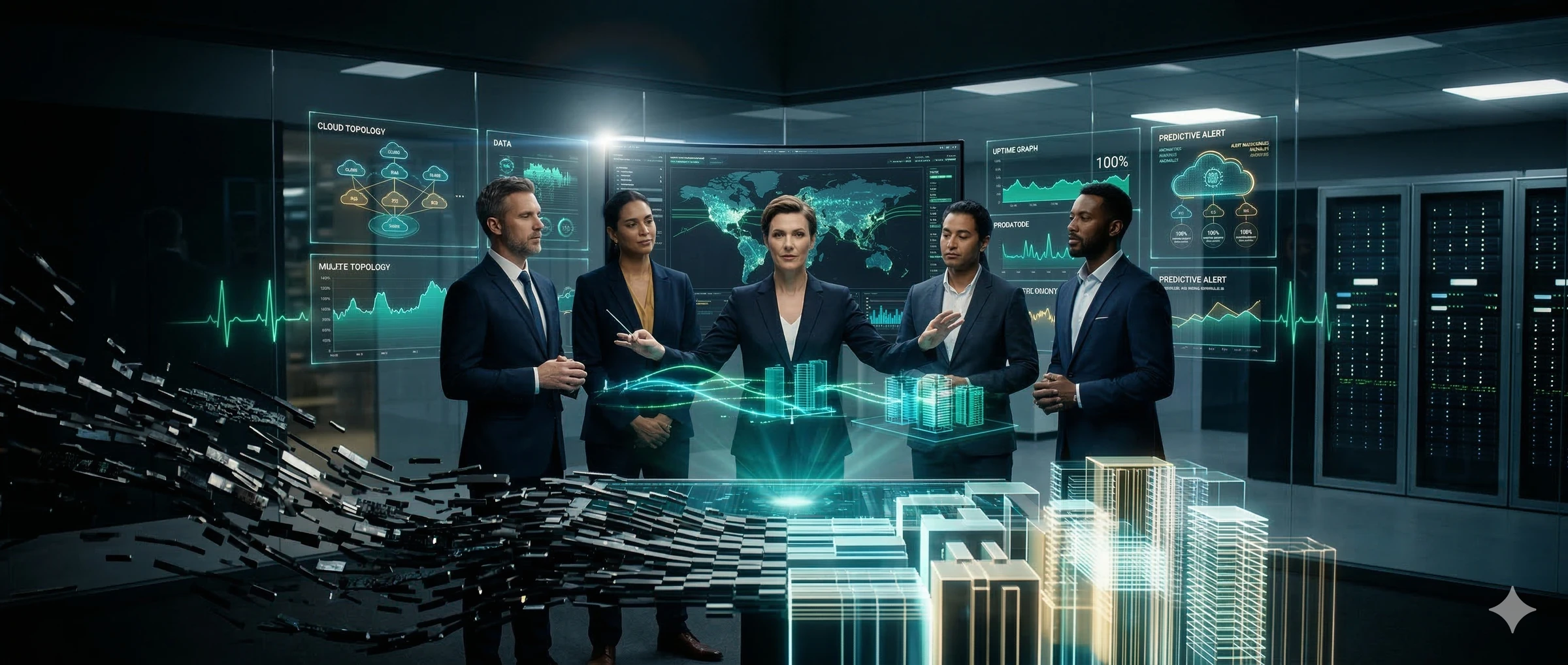 Equipe MasterDatabase em centro de dados com dashboards holográficos